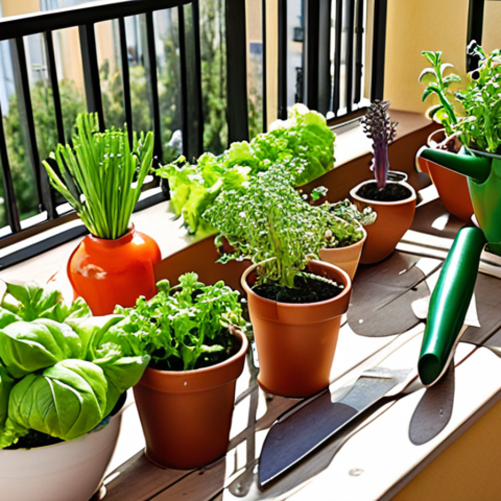 **A vibrant balcony garden bursting with life.** Capture a sunny balcony overflowing with various vegetables and herbs. Focus on close-ups of lettuce, basil, and rosemary, highlighting their fresh textures and colors. Include gardening tools like a watering can and small trowel. The overall impression should be one of abundance and healthy growth.