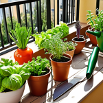**A vibrant balcony garden bursting with life.** Capture a sunny balcony overflowing with various vegetables and herbs. Focus on close-ups of lettuce, basil, and rosemary, highlighting their fresh textures and colors. Include gardening tools like a watering can and small trowel. The overall impression should be one of abundance and healthy growth.