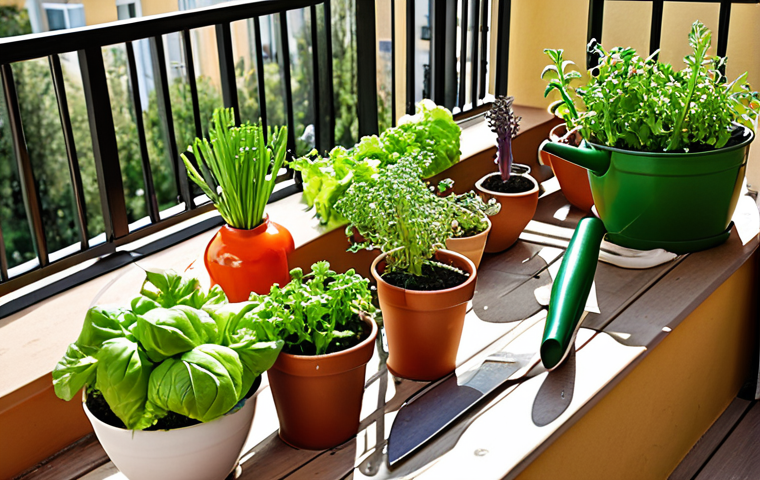 **A vibrant balcony garden bursting with life.** Capture a sunny balcony overflowing with various vegetables and herbs. Focus on close-ups of lettuce, basil, and rosemary, highlighting their fresh textures and colors. Include gardening tools like a watering can and small trowel. The overall impression should be one of abundance and healthy growth.